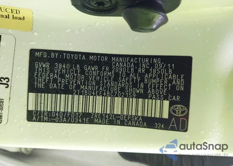 2011 Toyota Corolla S from USA, damaged, VIN 2T1BU4EE4BC702159